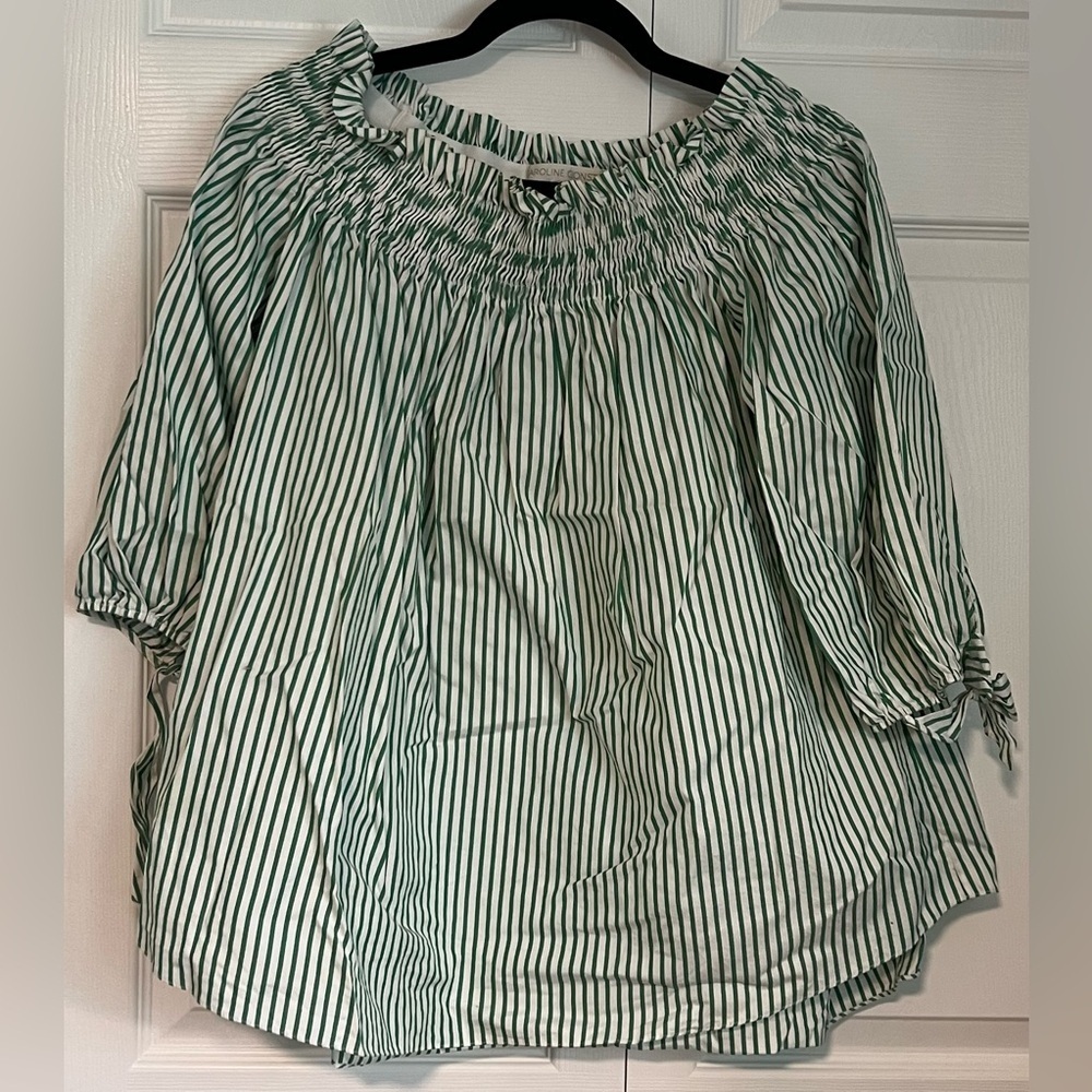 Caroline Contas Green & White Striped Off-Shoulder Peasant Top